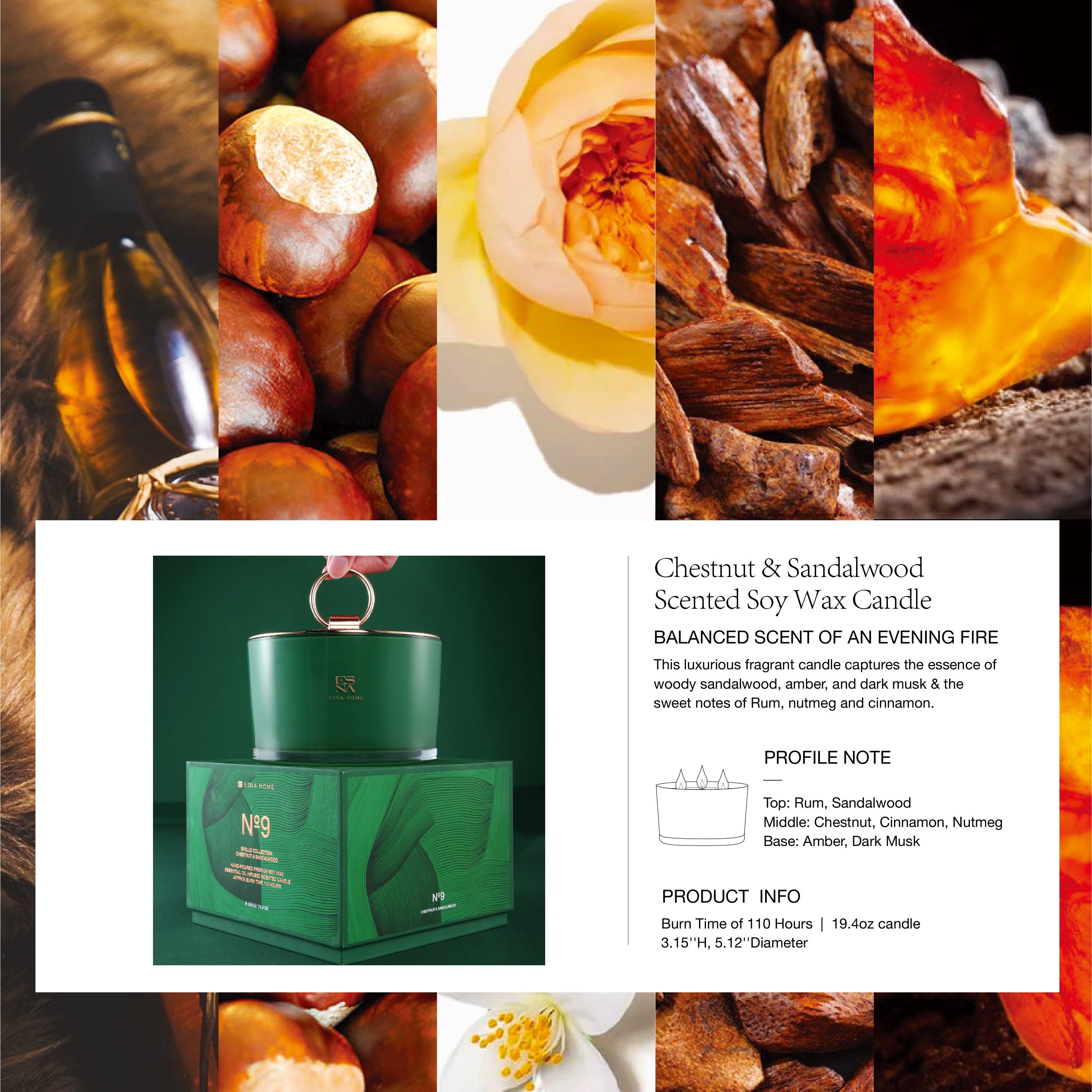 3-Wick Chestnut & Sandalwood Scented Candle | Brillo Collection