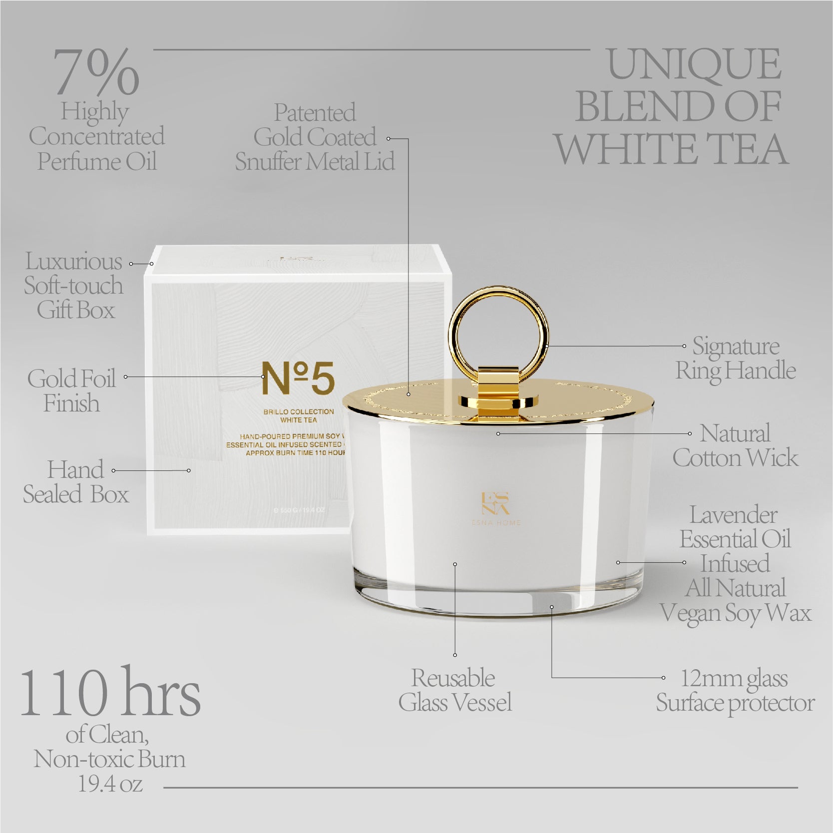 3-Wick White Tea Scented Candle | Brillo Collection