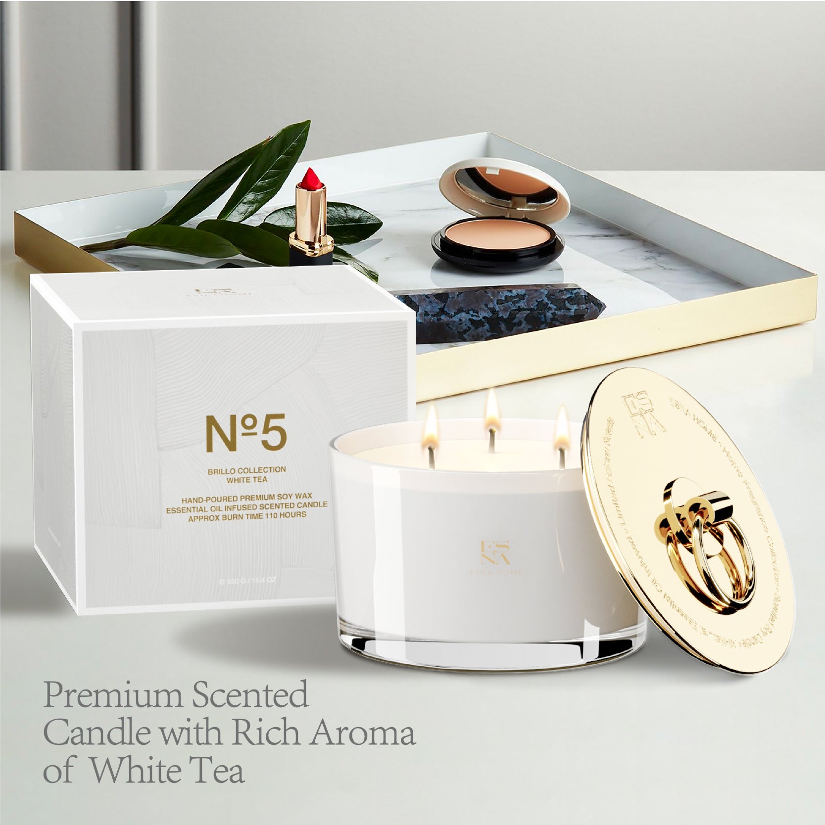 3-Wick White Tea Scented Candle | Brillo Collection