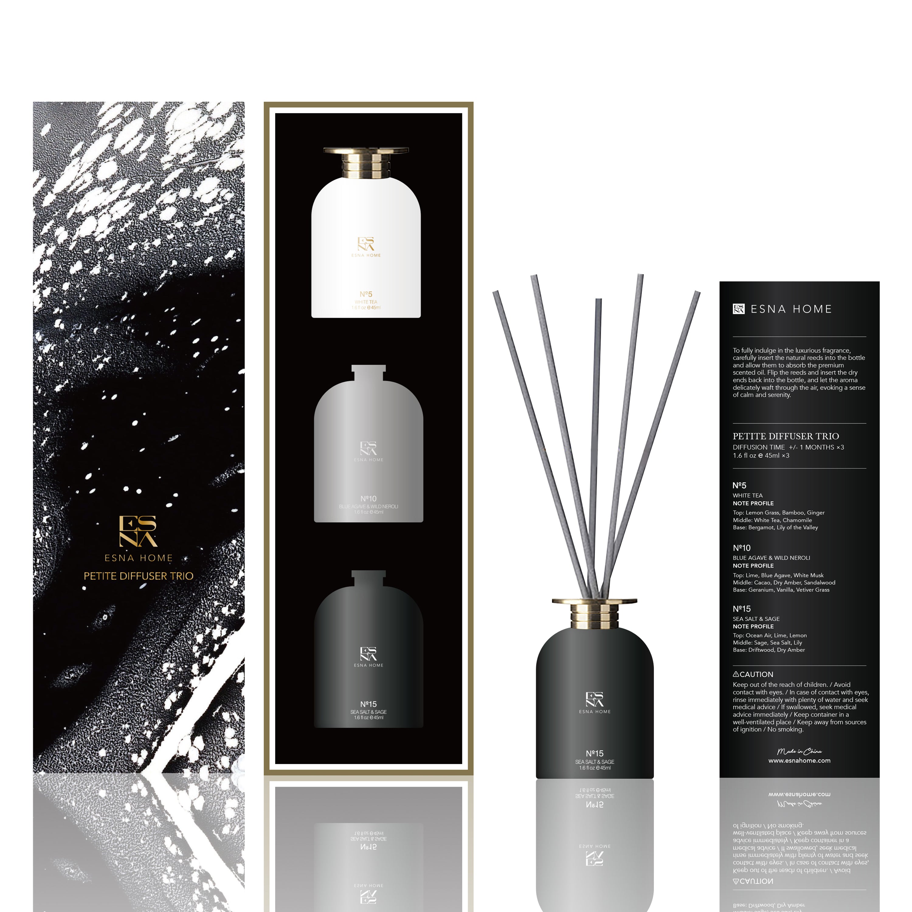 3 * 1.6 Fl Oz 45ml Scented Oil Reed Aroma Diffuser | White Tea | Blue Agave & Wild Neroli | Sea Salt & Sage