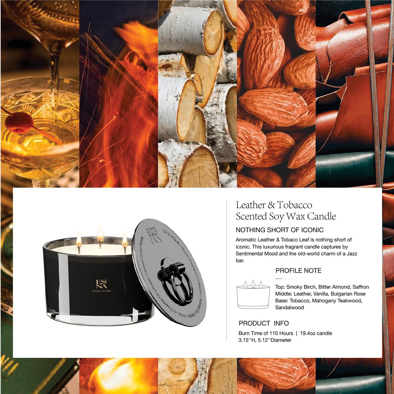 3-Wick Aromatic Leather & Tobacco Leaf Scented Candle | Brillo Collection