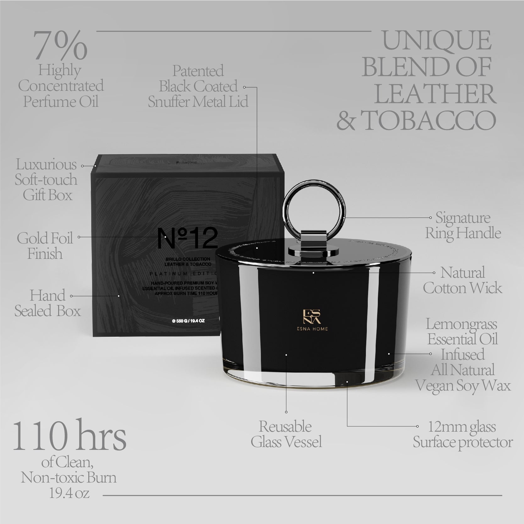 3-Wick Aromatic Leather & Tobacco Leaf Scented Candle  |  Brillo Collection