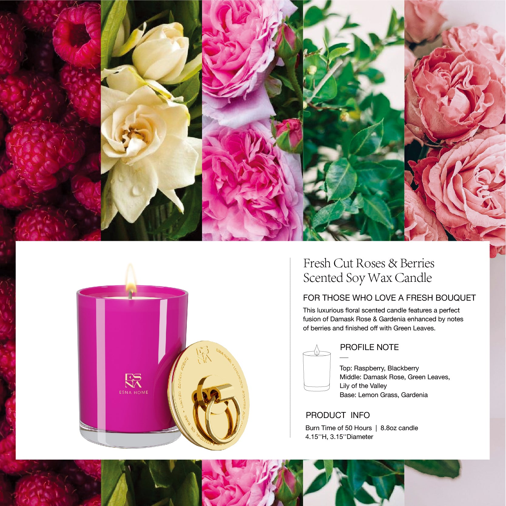 Fresh Cut Roses & Berries Scented Candle  |  Brillo Collection